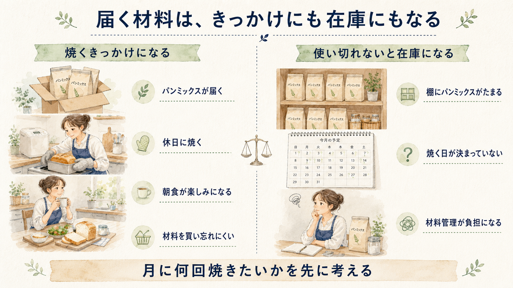 届くパンミックスが焼くきっかけにも在庫にもなることを比較する図解