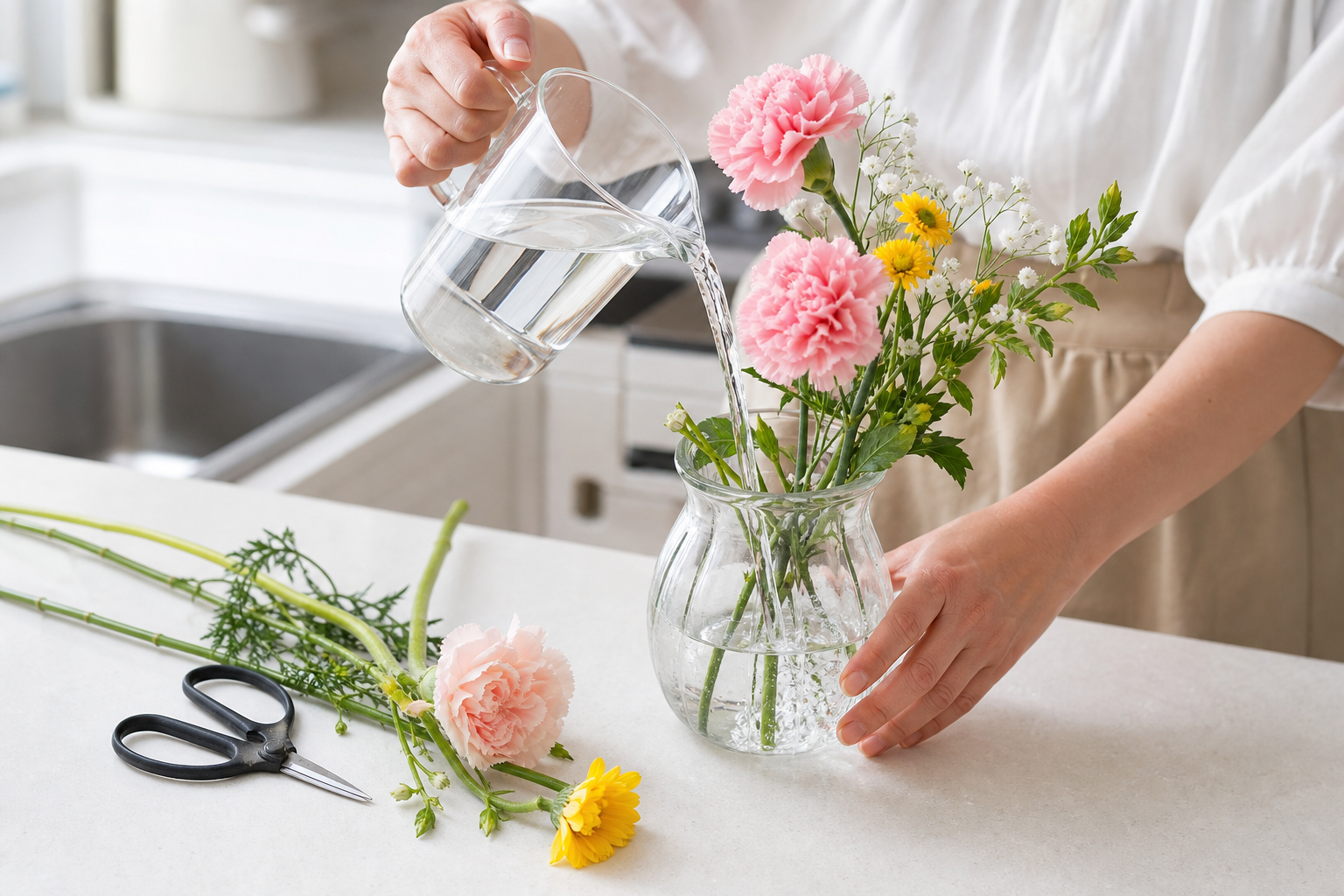 小さな花瓶に水を注いで簡単に手入れする花の定期便のイメージ