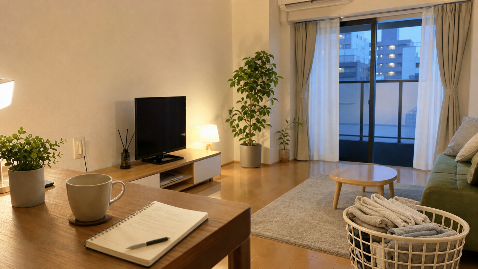 仕事後の一人暮らしの部屋で家事代行を検討している様子