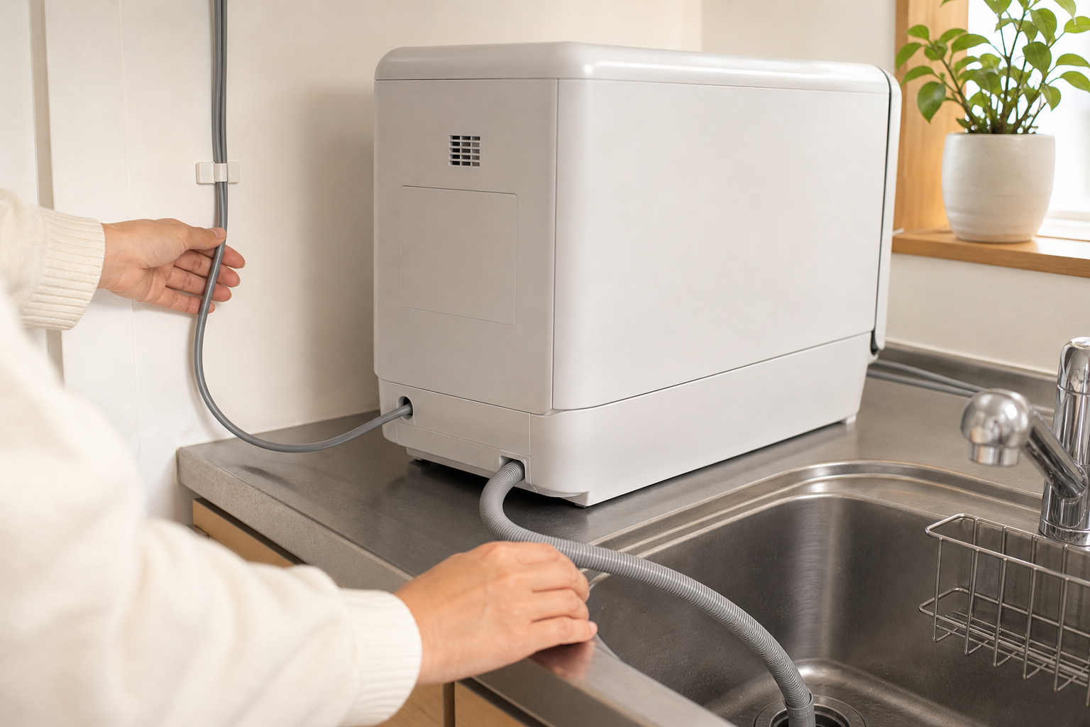 食洗機の排水ホースとコードの取り回しを確認しているイメージ