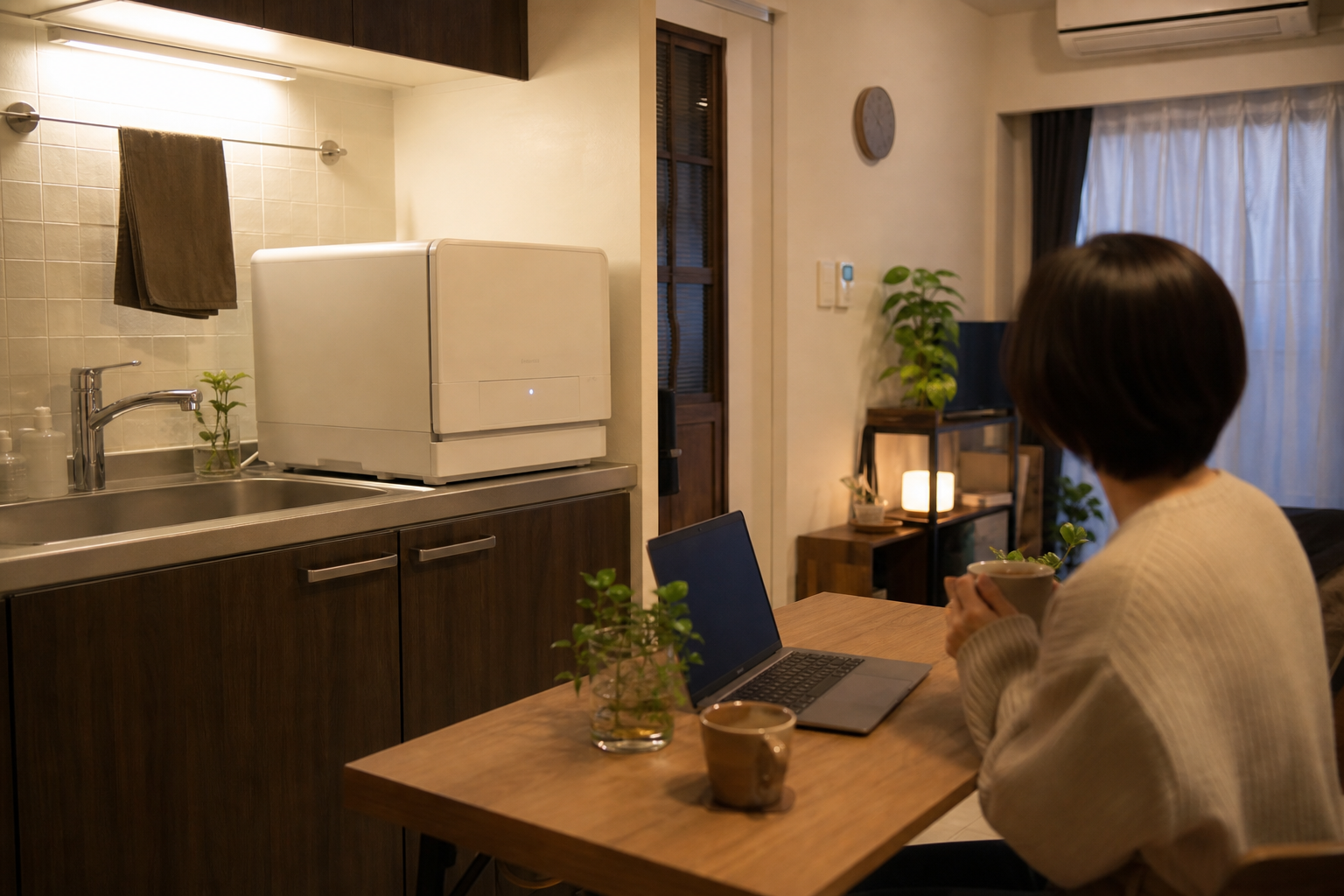 ワンルームで食洗機を動かしながら過ごすイメージ