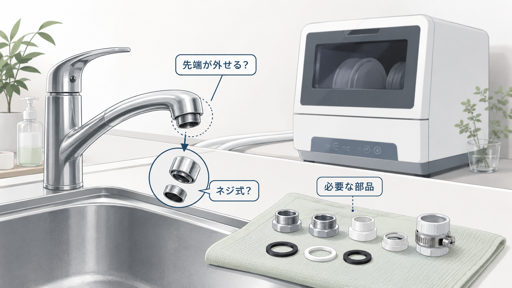 蛇口先端と簡易分岐に必要な部品を確認している様子