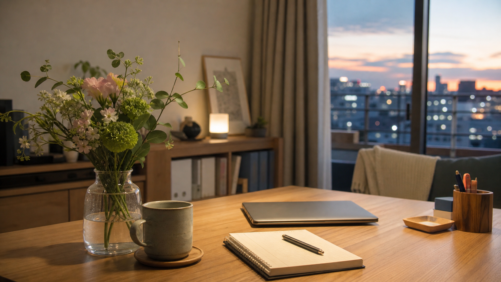 仕事終わりの部屋に花を飾ったデスクのイメージ