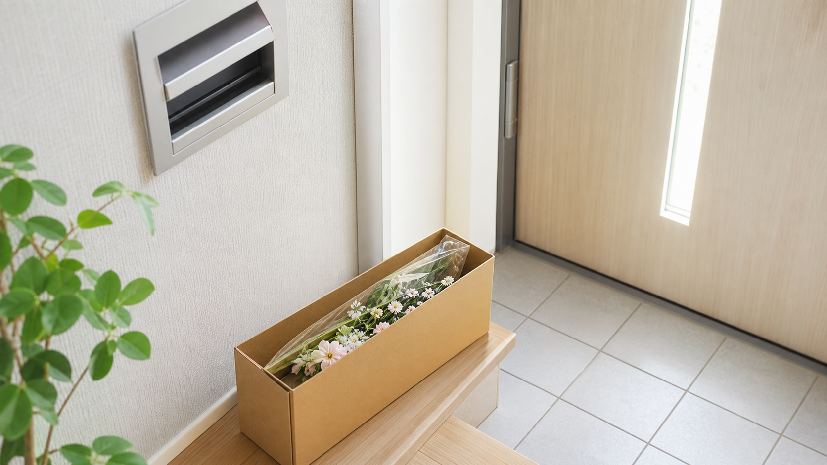 玄関で花の定期便を受け取るイメージ