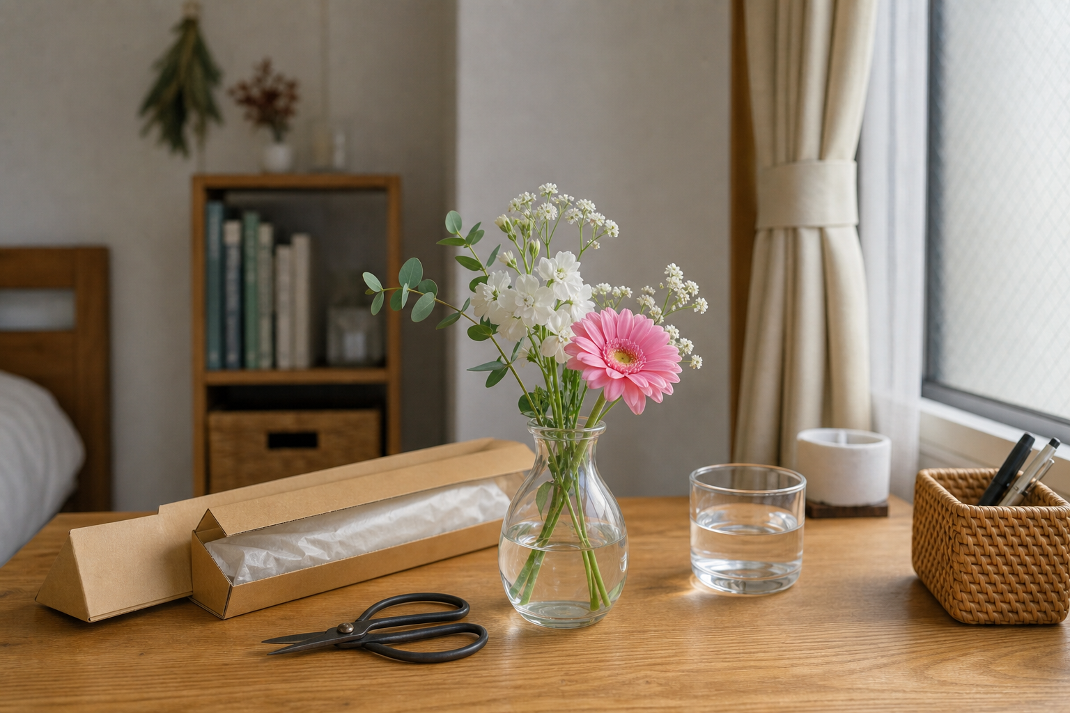 ポスト投函で届いた花を小さな花瓶に飾るイメージ