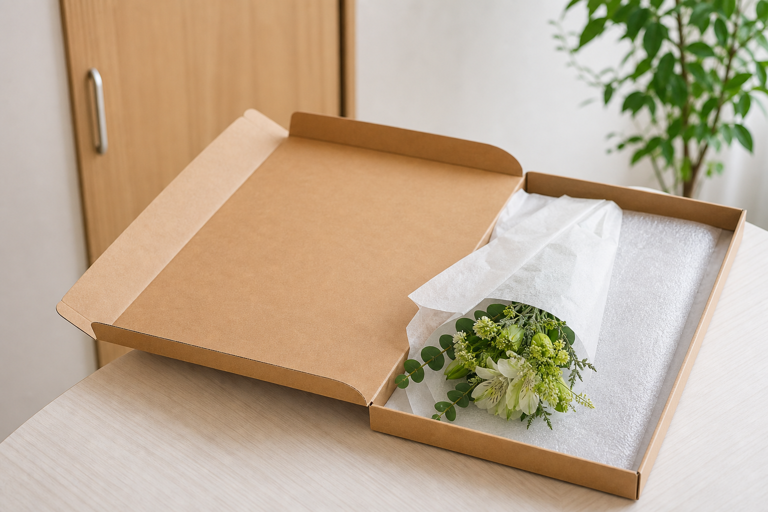 薄型メール便ボックスを開けて花を確認しているイメージ