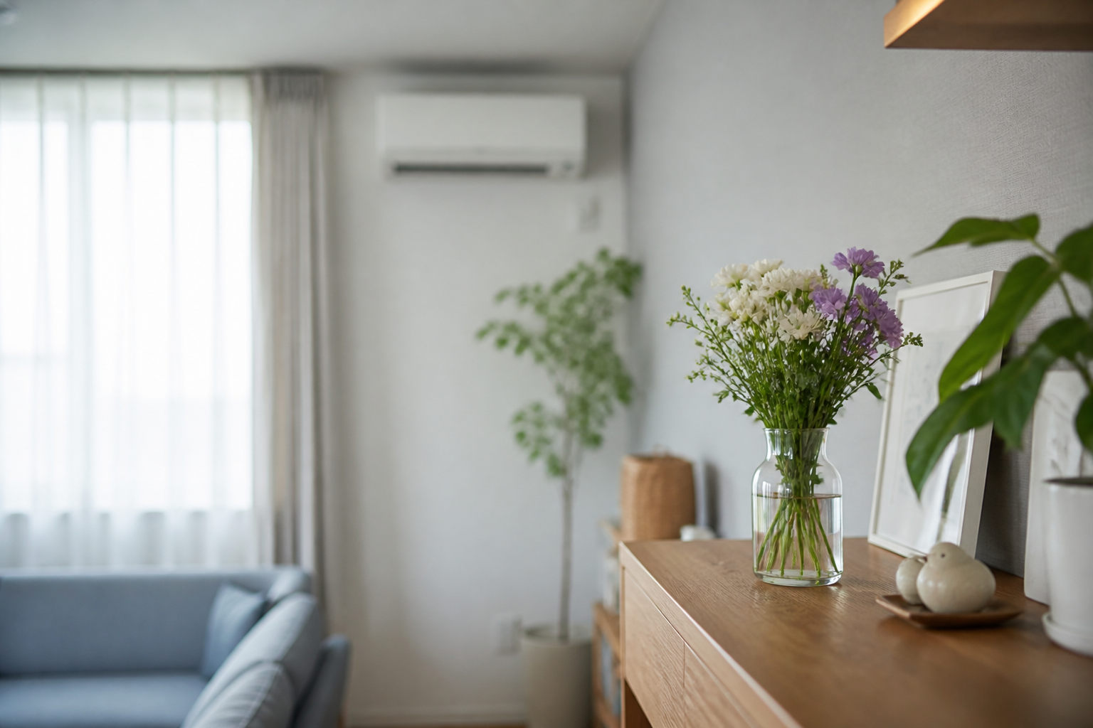 直射日光やエアコンの風を避けて花を飾る部屋のイメージ