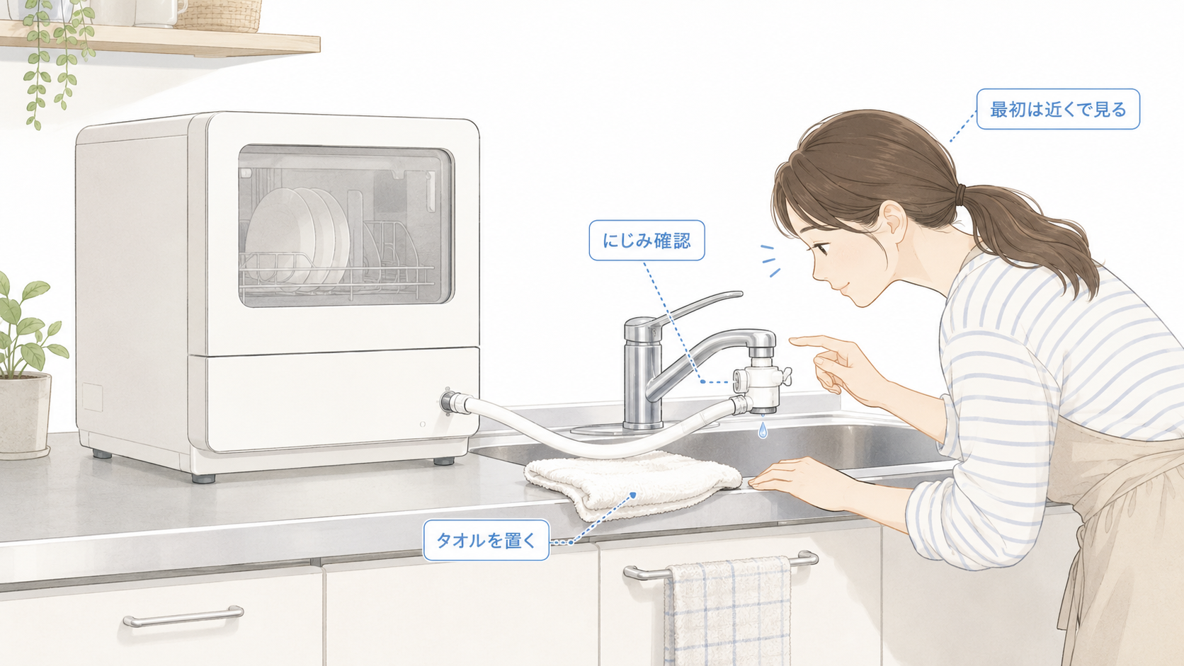 食洗機の給水ホース接続部を近くで確認しタオルを置いて水漏れに備えている様子