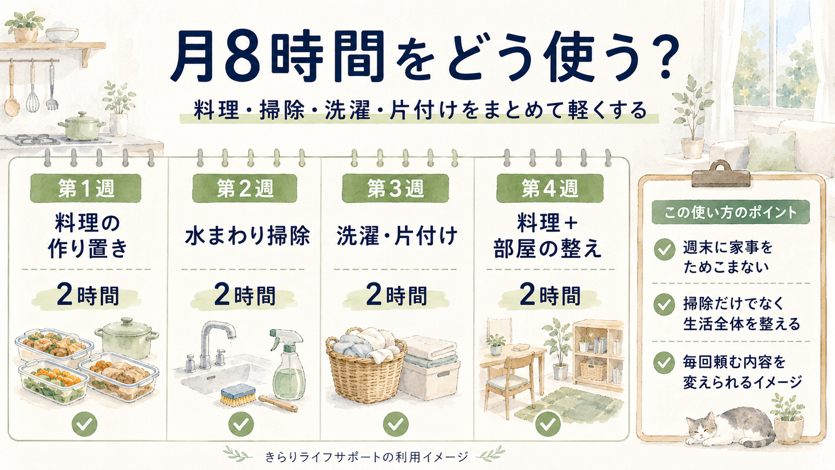 きらりライフサポートで月8時間を料理、掃除、洗濯、片付けに分けて使うイメージ図