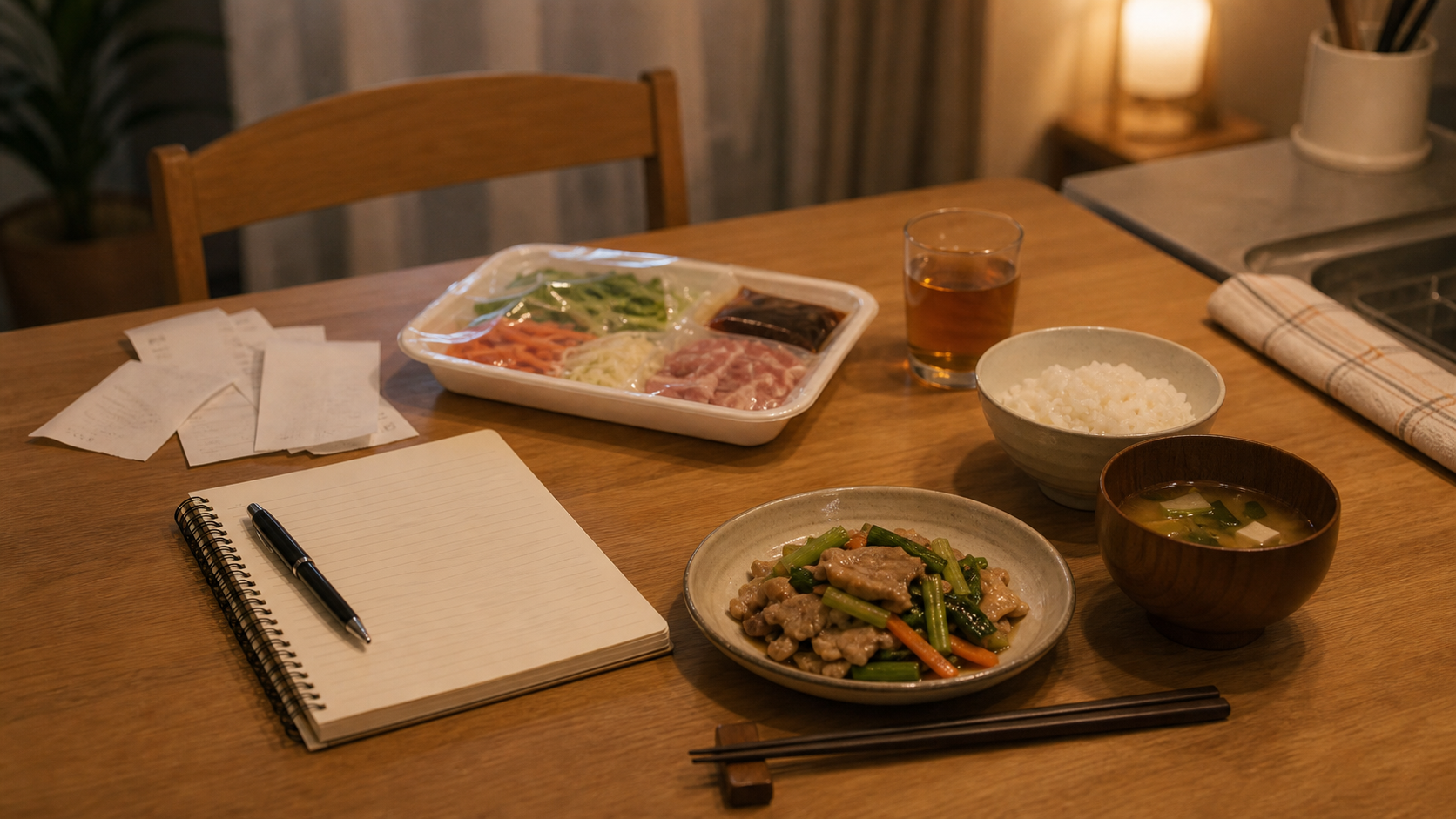 一人暮らしの食卓でミールキットと家計メモを見比べている様子