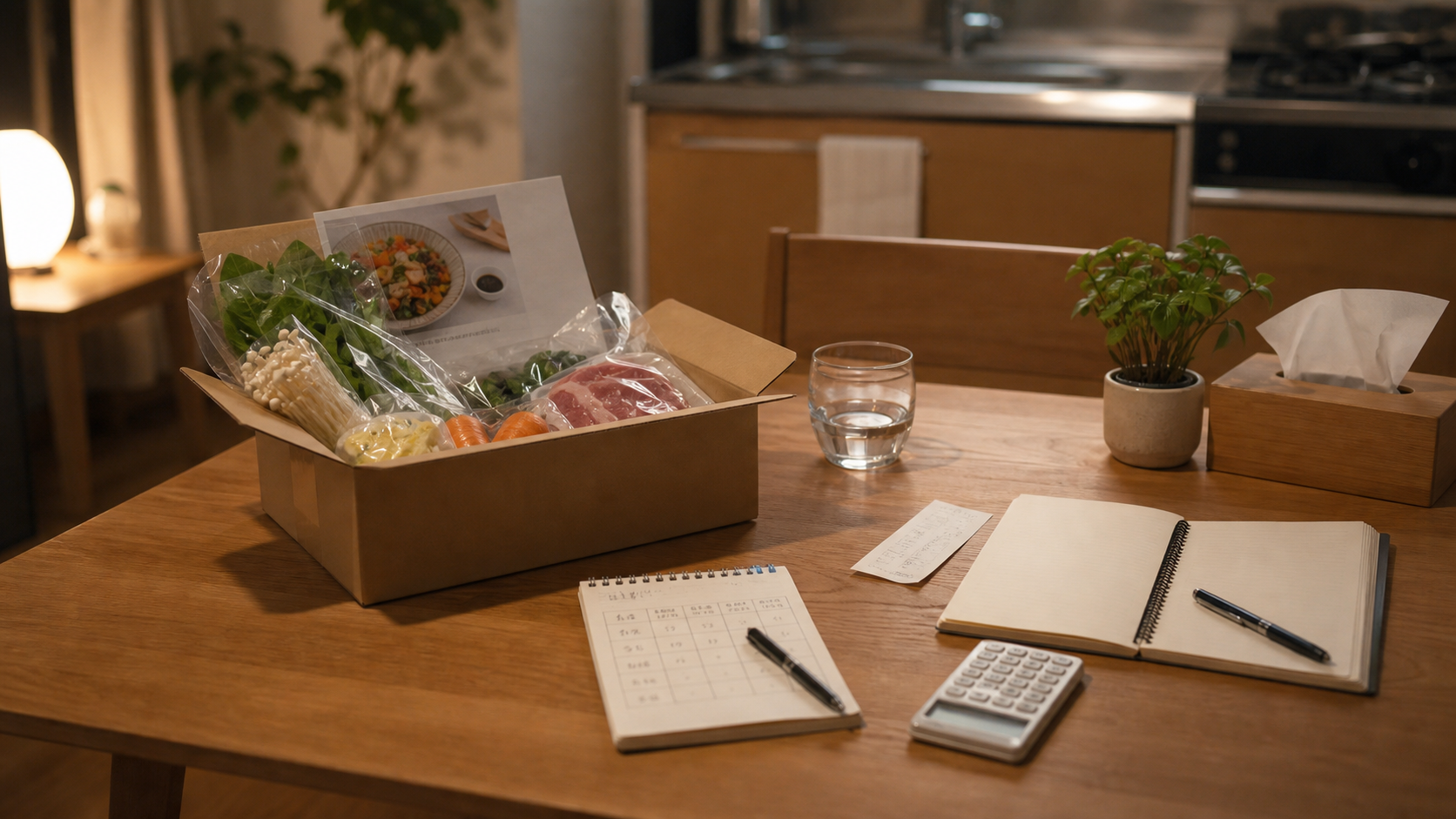 ミールキットと家計メモを並べて一人暮らしの夕食費を考えている様子