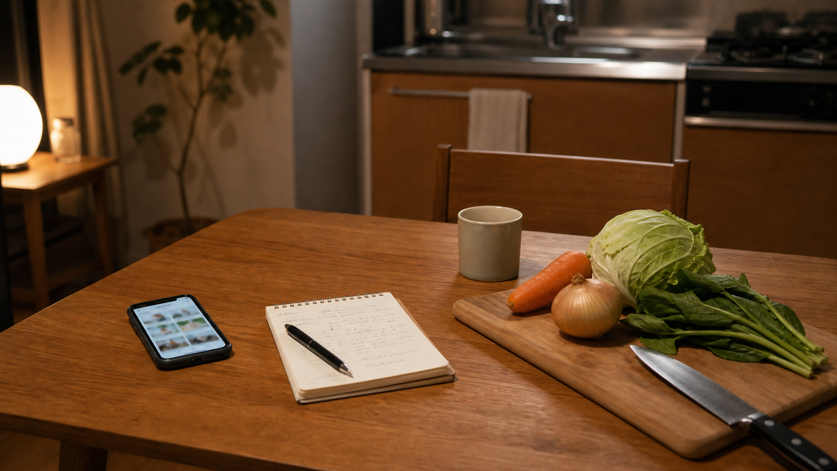 一人暮らしの夜にスマホのレシピと食材を前に献立を考えている様子