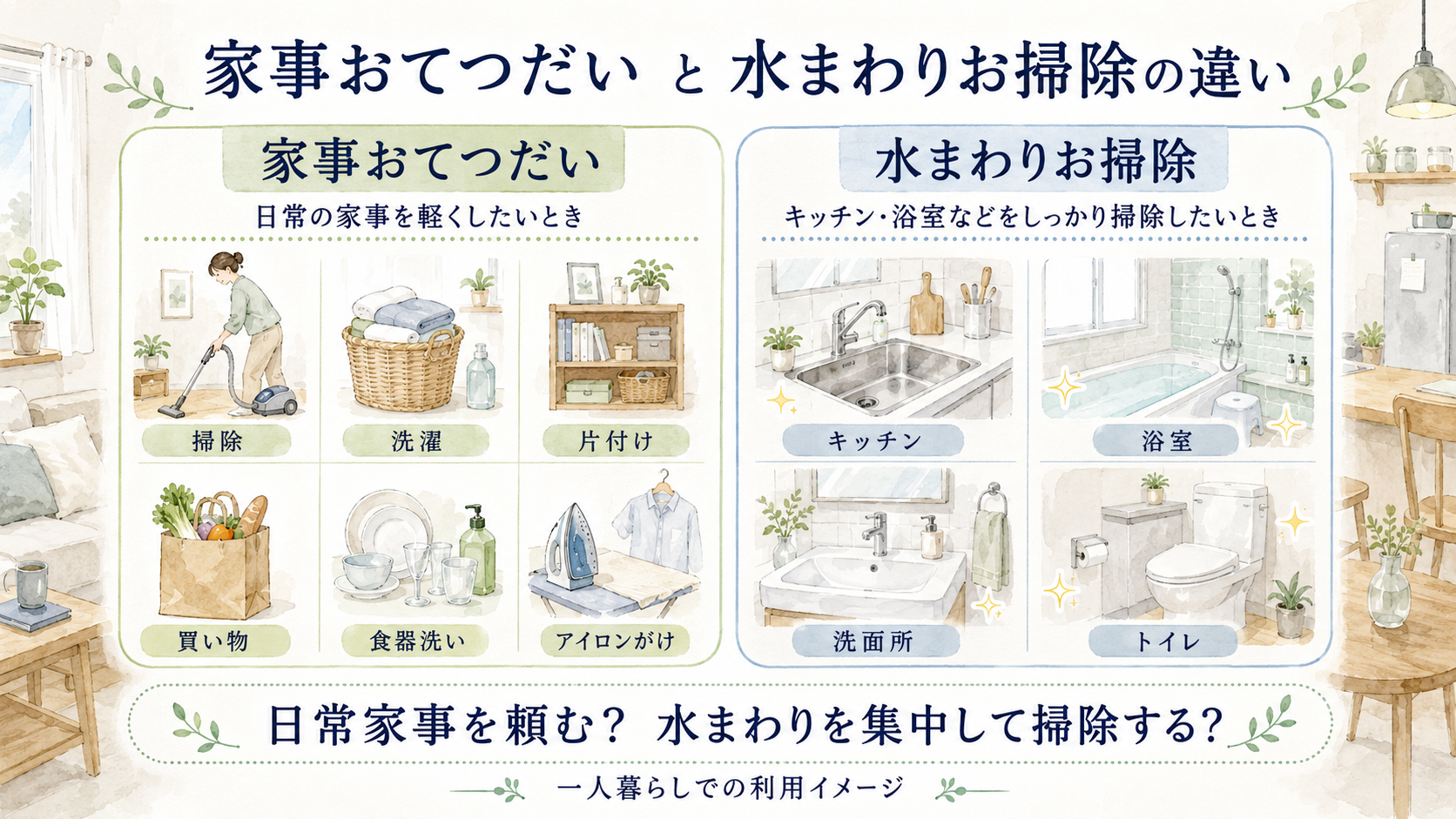 メリーメイドの家事おてつだいと水まわりお掃除の違いを一人暮らし向けに整理した図解