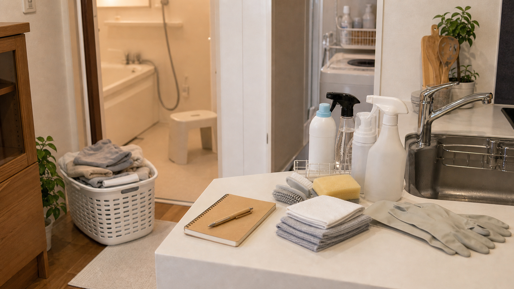 一人暮らしの部屋で掃除道具や洗濯物を見ながら家事代行で頼みたい場所を考えている様子