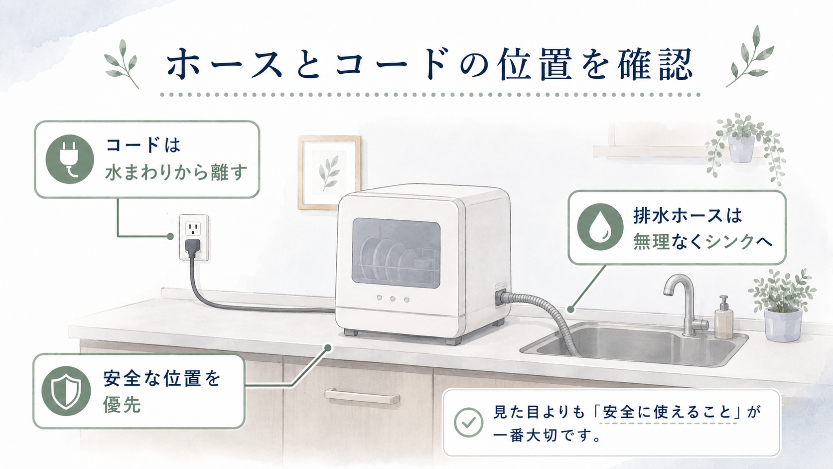 ラクアを置く前に排水ホースと電源コードの位置を確認するイメージ