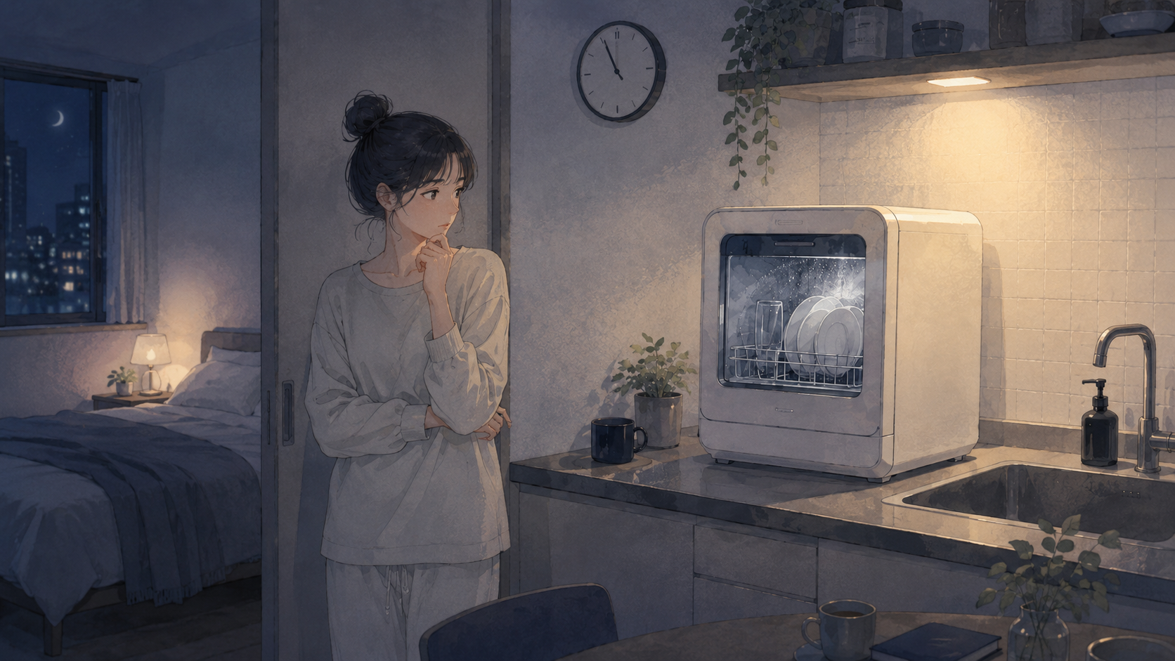 夜のキッチンで食洗機を使う時間帯と寝室への音を気にしている様子