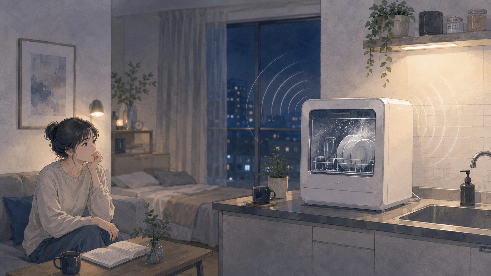 一人暮らしの部屋で食洗機の運転音がどのくらい聞こえるか気にしている様子