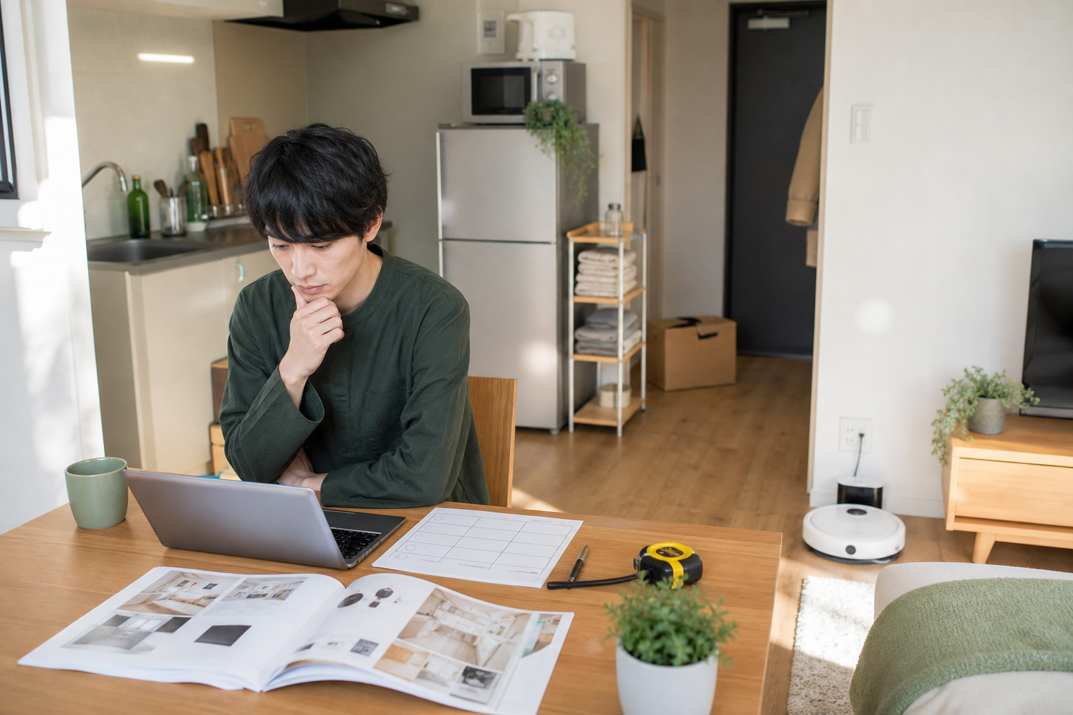 一人暮らしの家電を買うか借りるか考えている様子