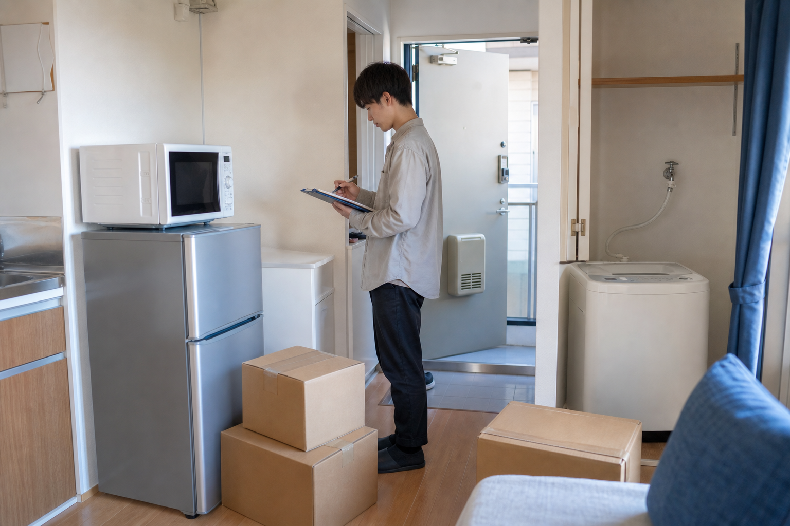 一人暮らしの部屋にレンタル家電を設置している様子