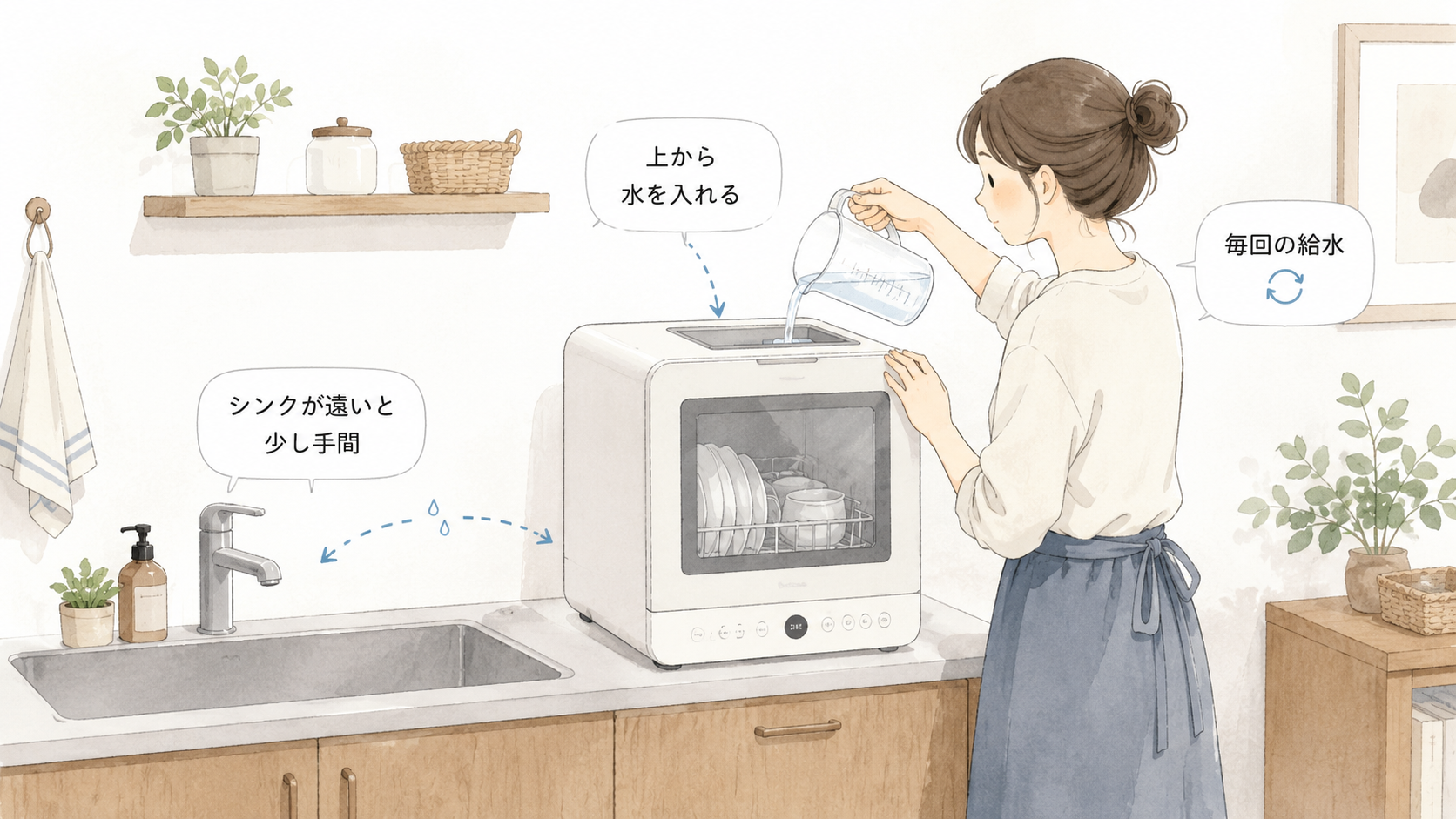 タンク式食洗機に上から水を入れている様子