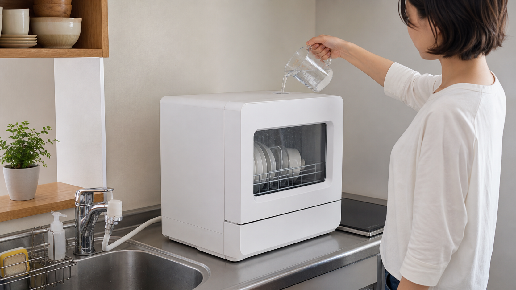 タンク式食洗機に給水カップで水を入れているイメージ