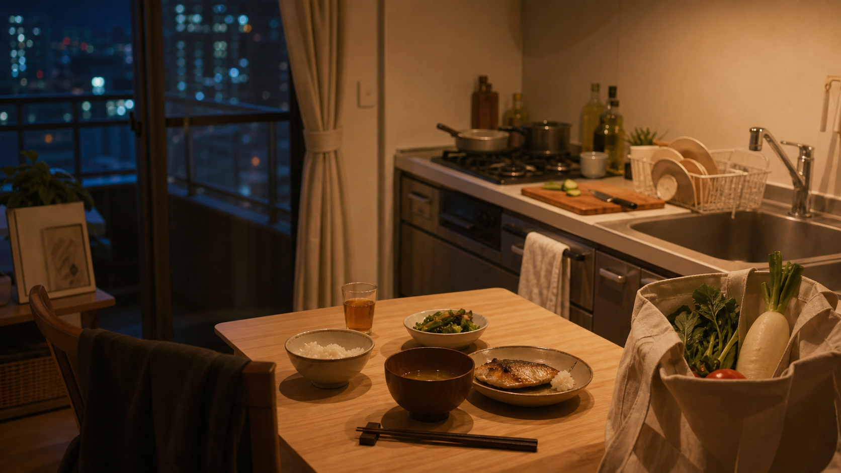 仕事後の一人暮らしの部屋で夕食と台所を整理している様子