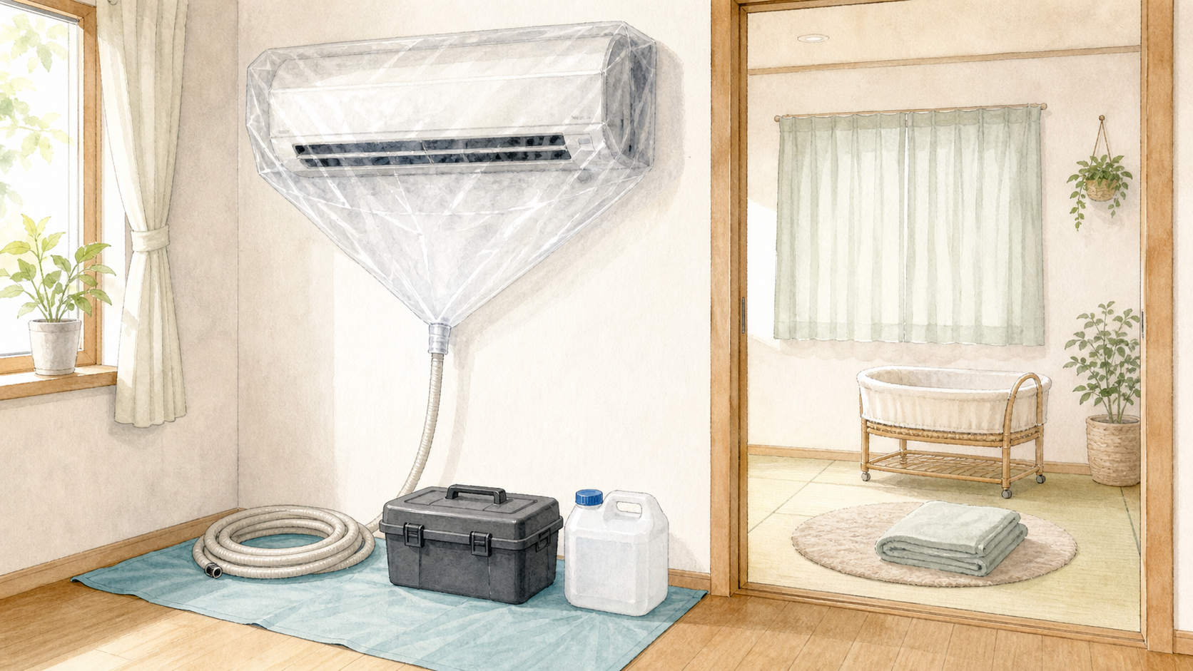 エアコン作業室と空のベビーベッドがある別室を分けた水彩イラスト