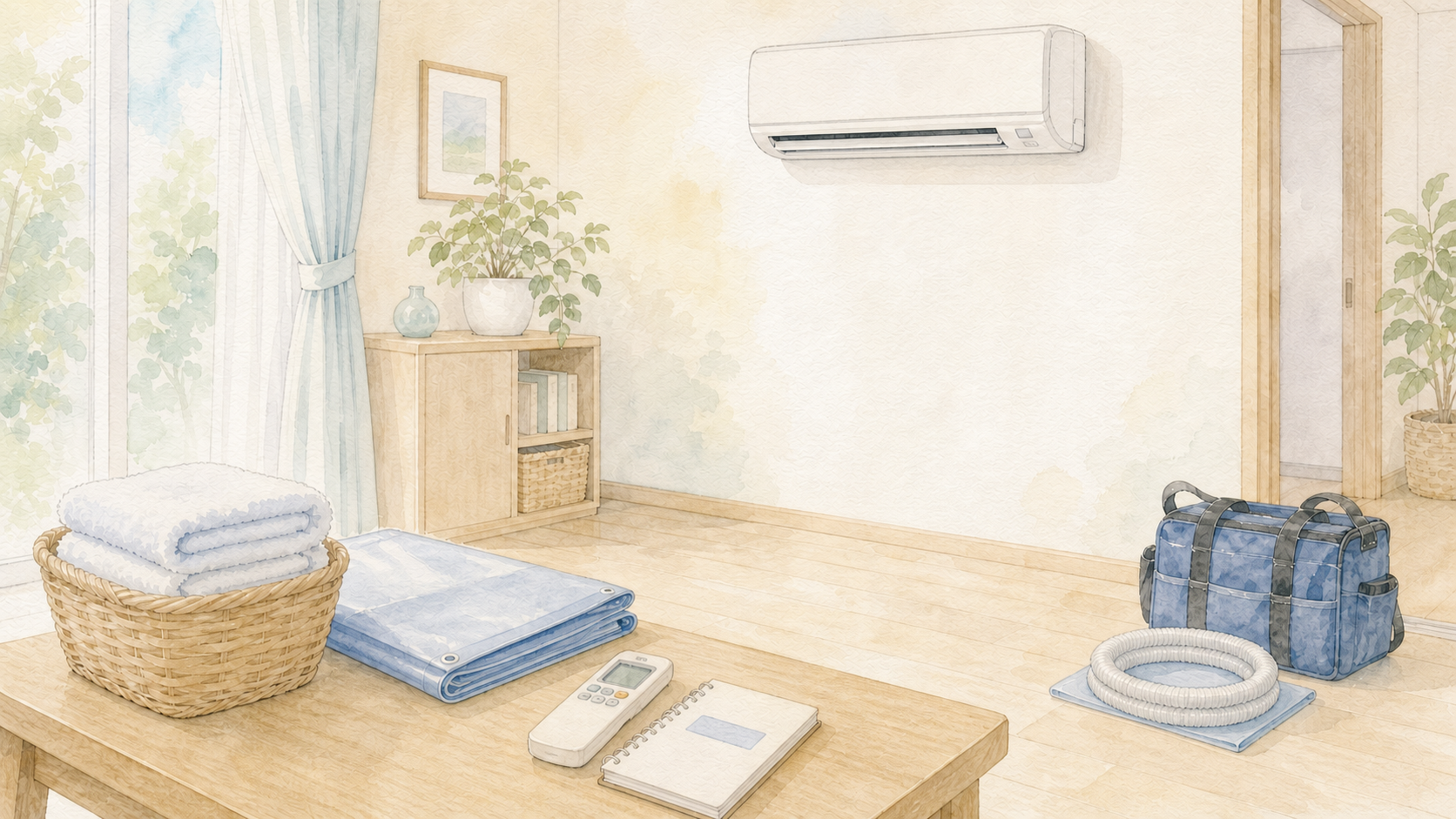 エアコンクリーニング前に作業スペースと型式を準備する水彩イラスト