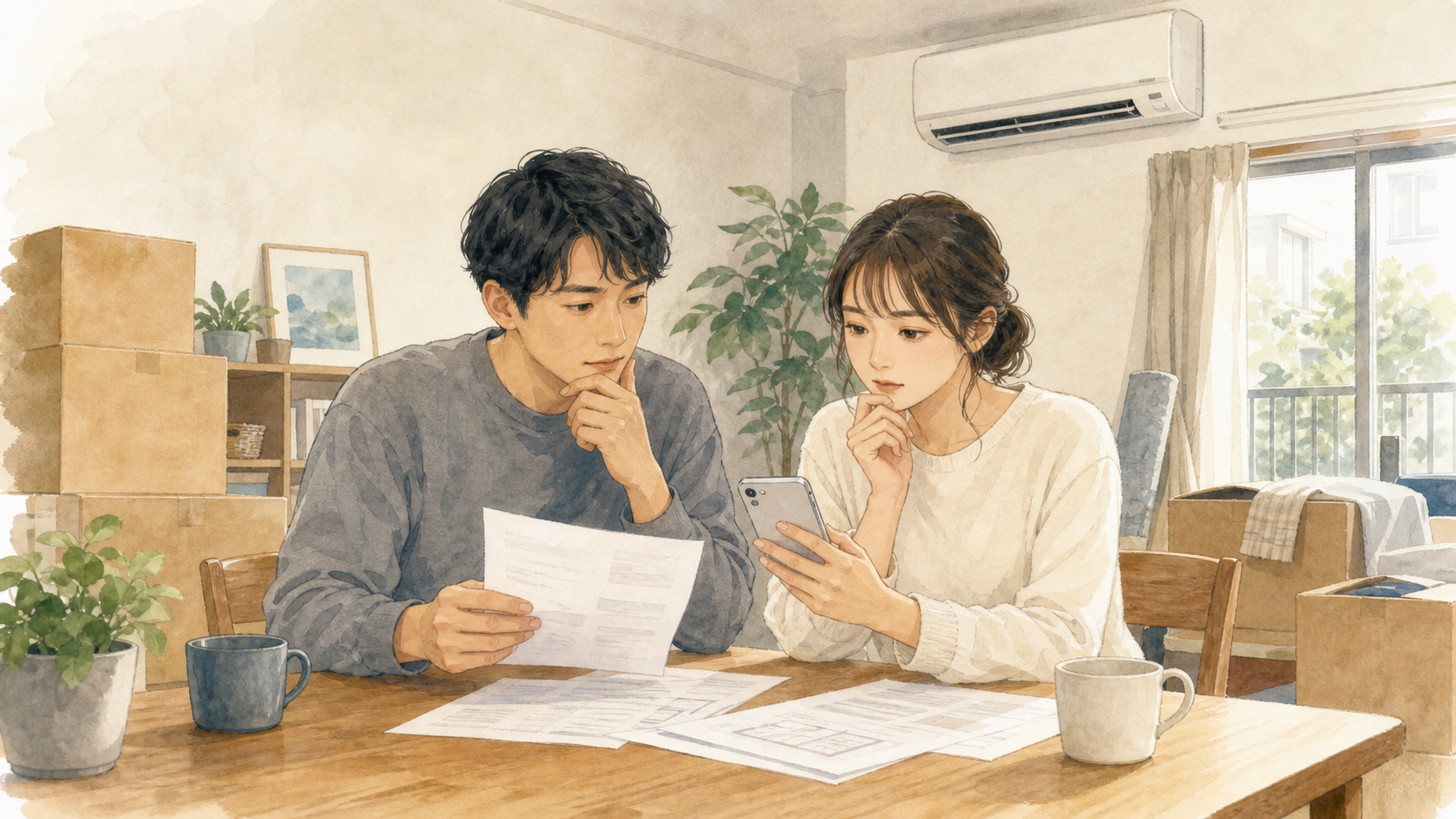 引っ越し前に賃貸契約とエアコンの所有者を確認する男女の水彩イラスト