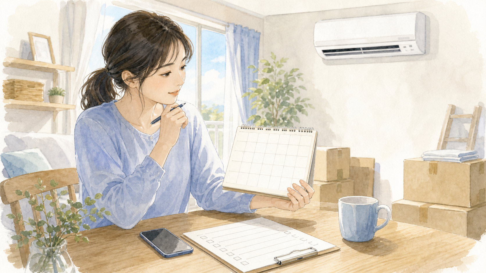 引っ越しとエアコンクリーニングの日程を考える女性の水彩イラスト