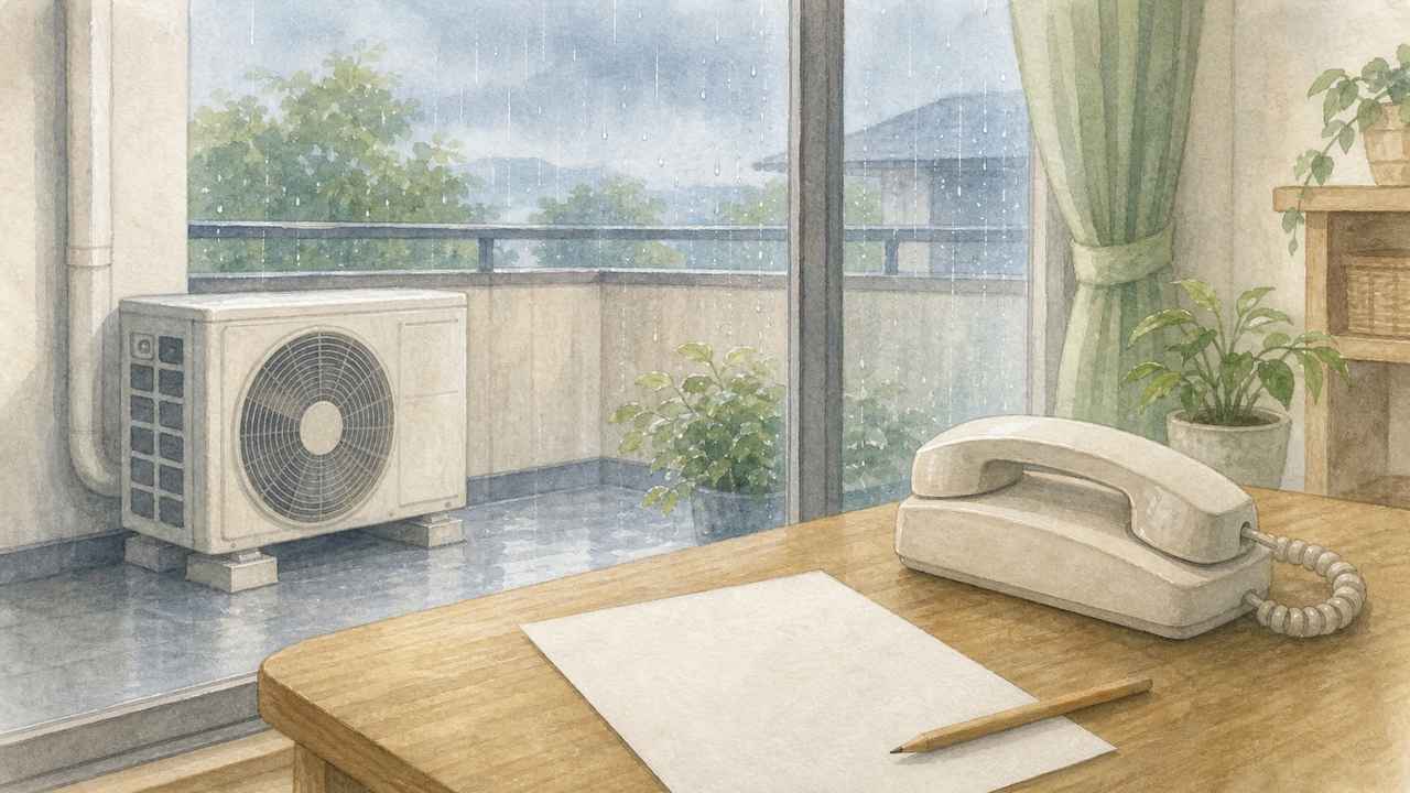 雨のベランダにある室外機と店舗への確認を表す水彩イラスト