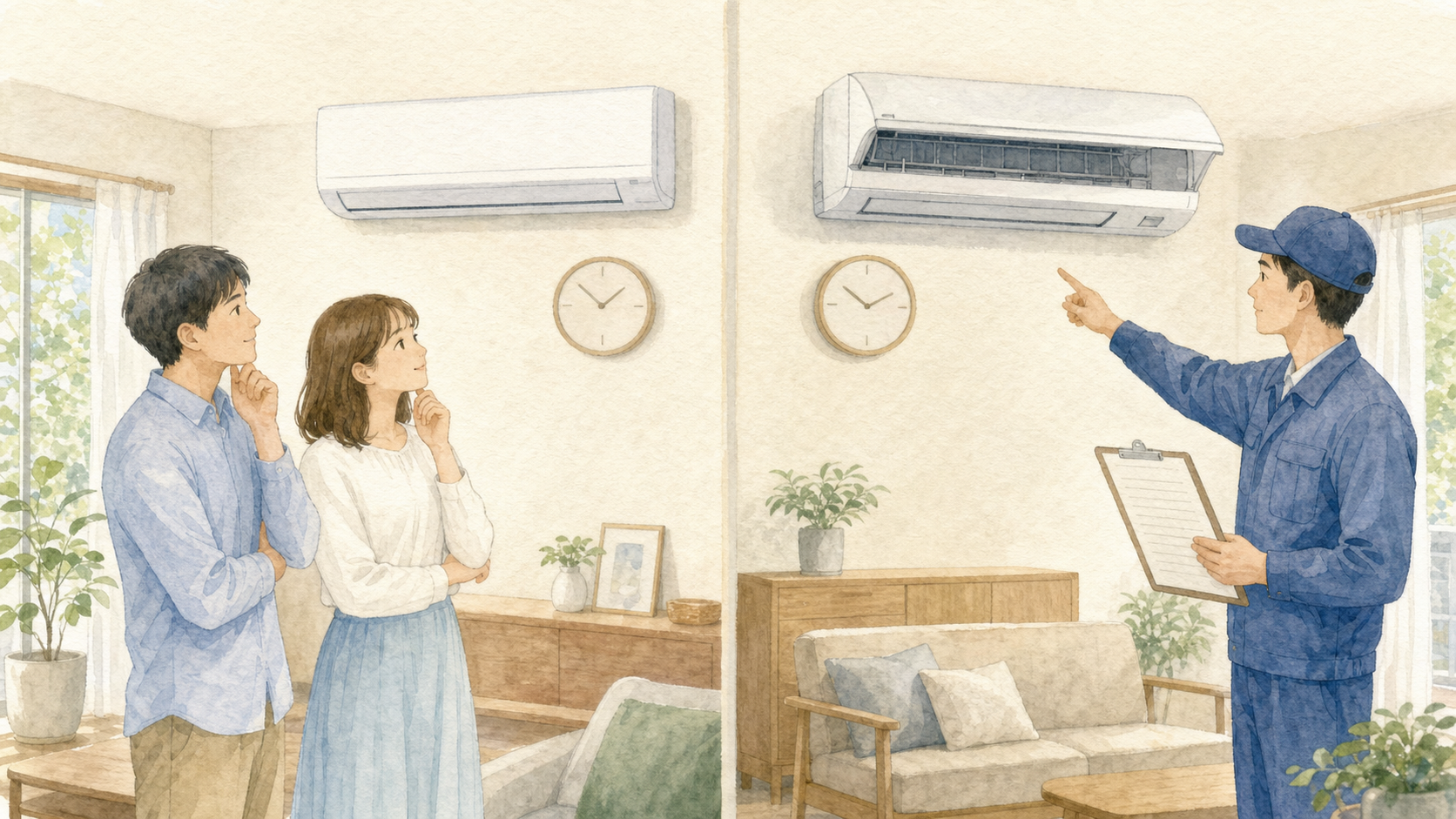 通常タイプとお掃除機能付きエアコンの違いを確認する夫婦と作業員の水彩イラスト