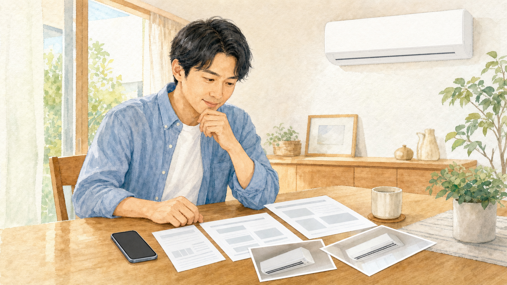 エアコンの写真と作業範囲資料を見比べて施工店への連絡準備をする男性の水彩イラスト
