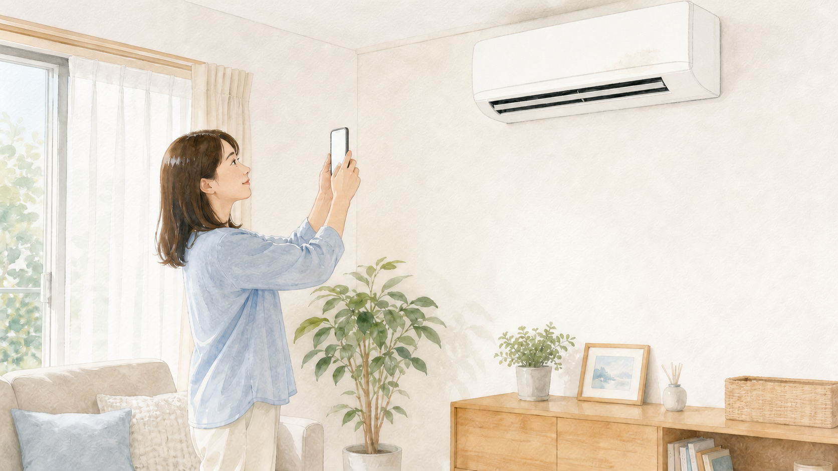 壁掛けエアコンの汚れに見える場所をスマートフォンで撮影する女性の水彩イラスト