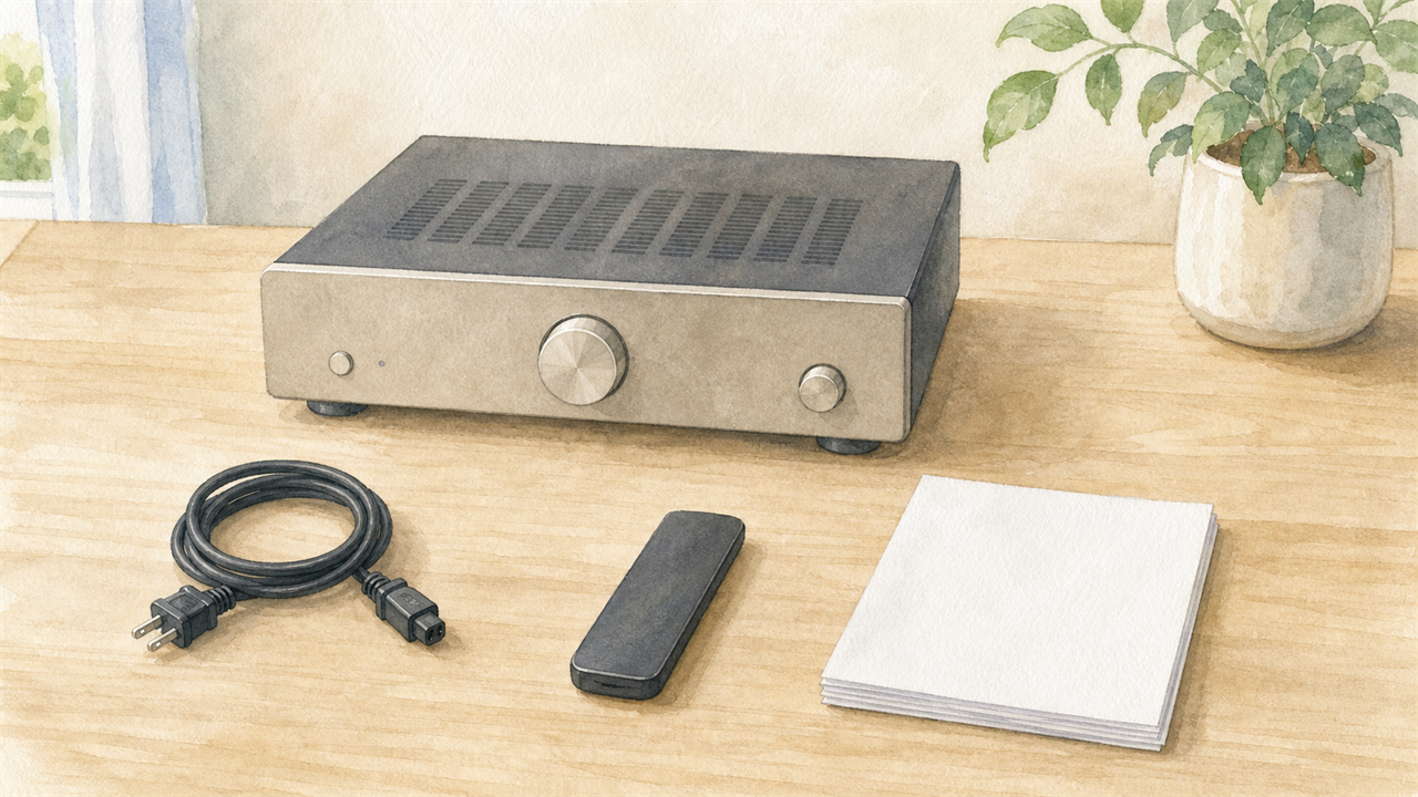 アンプと電源コードと説明書を分けて確認する準備