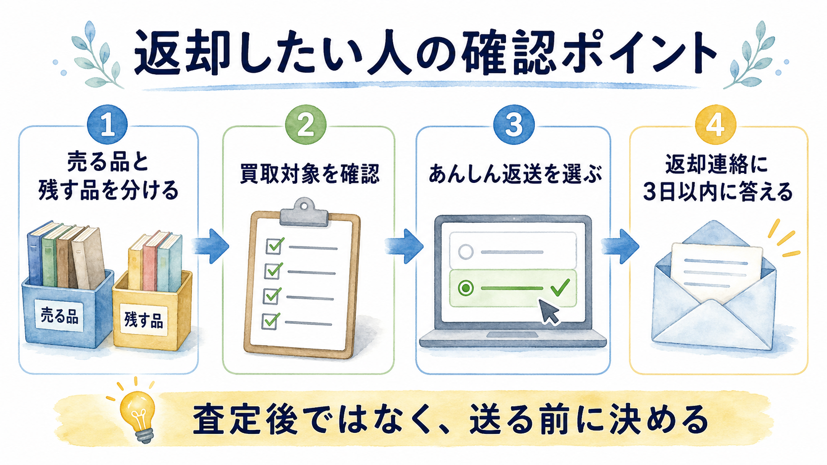 返却したい品がある人が、品物の仕分け、買取対象、あんしん返送、3日以内の返答を確認する4項目