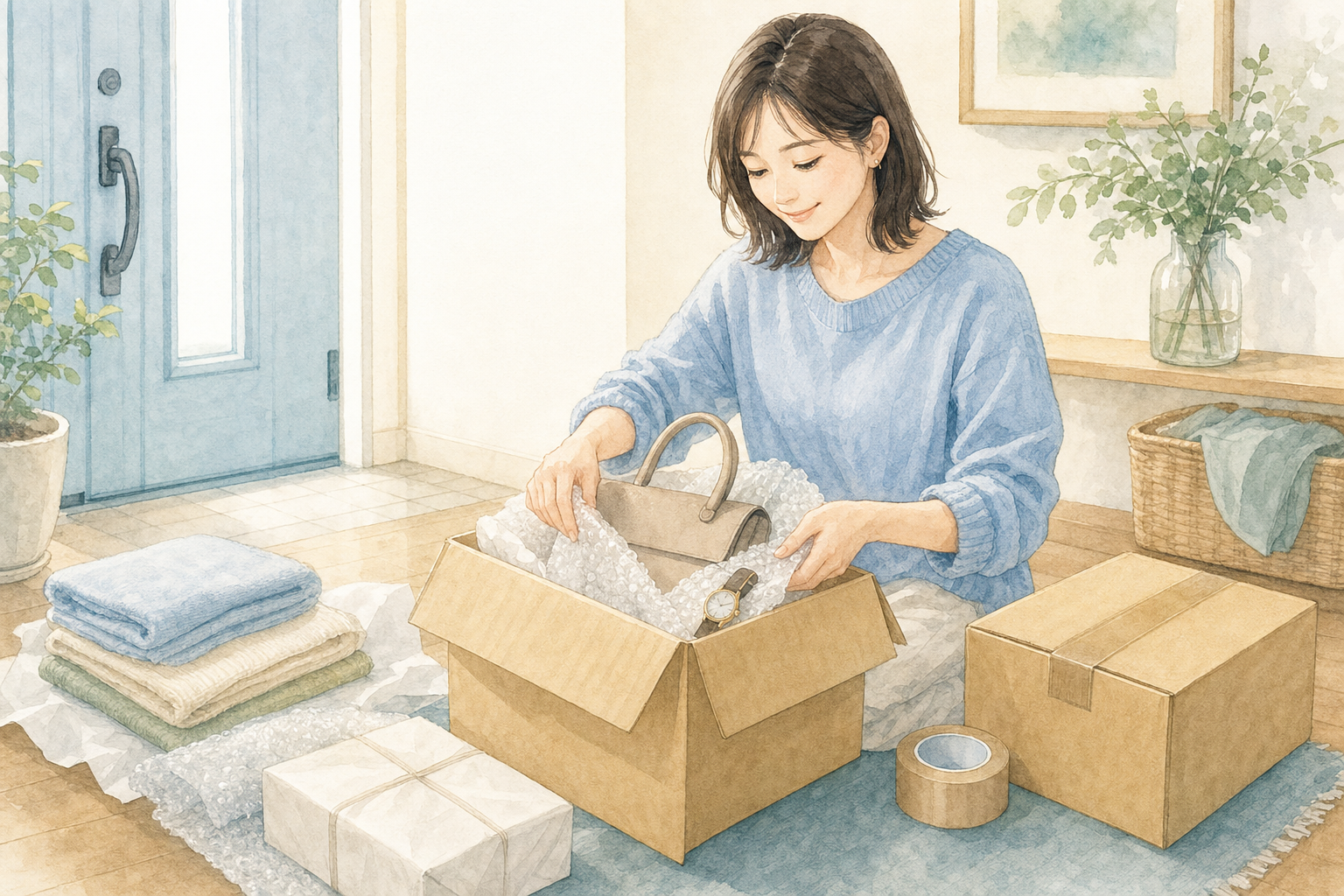 ブランド品を宅配買取用の箱へ梱包する成人女性