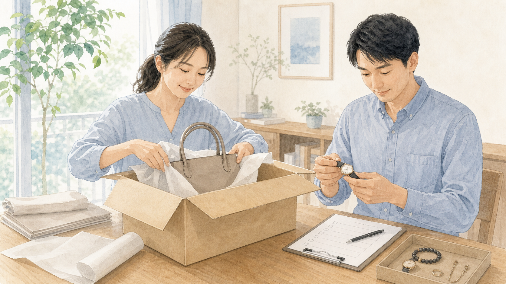 ブランド品を確認して宅配買取用の箱へ梱包する成人男女