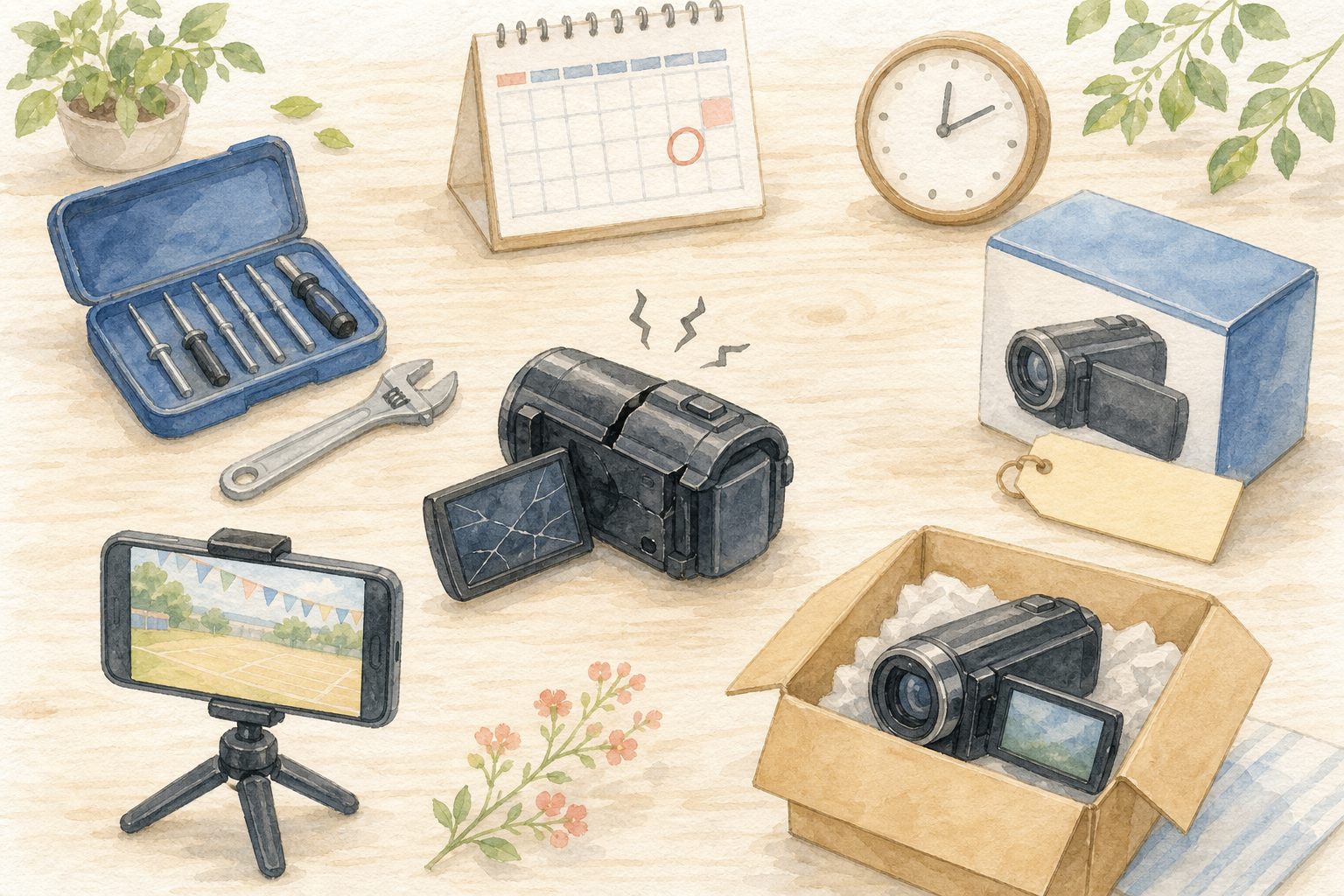 壊れたビデオカメラの修理・購入・スマホ・レンタルを比べるイラスト