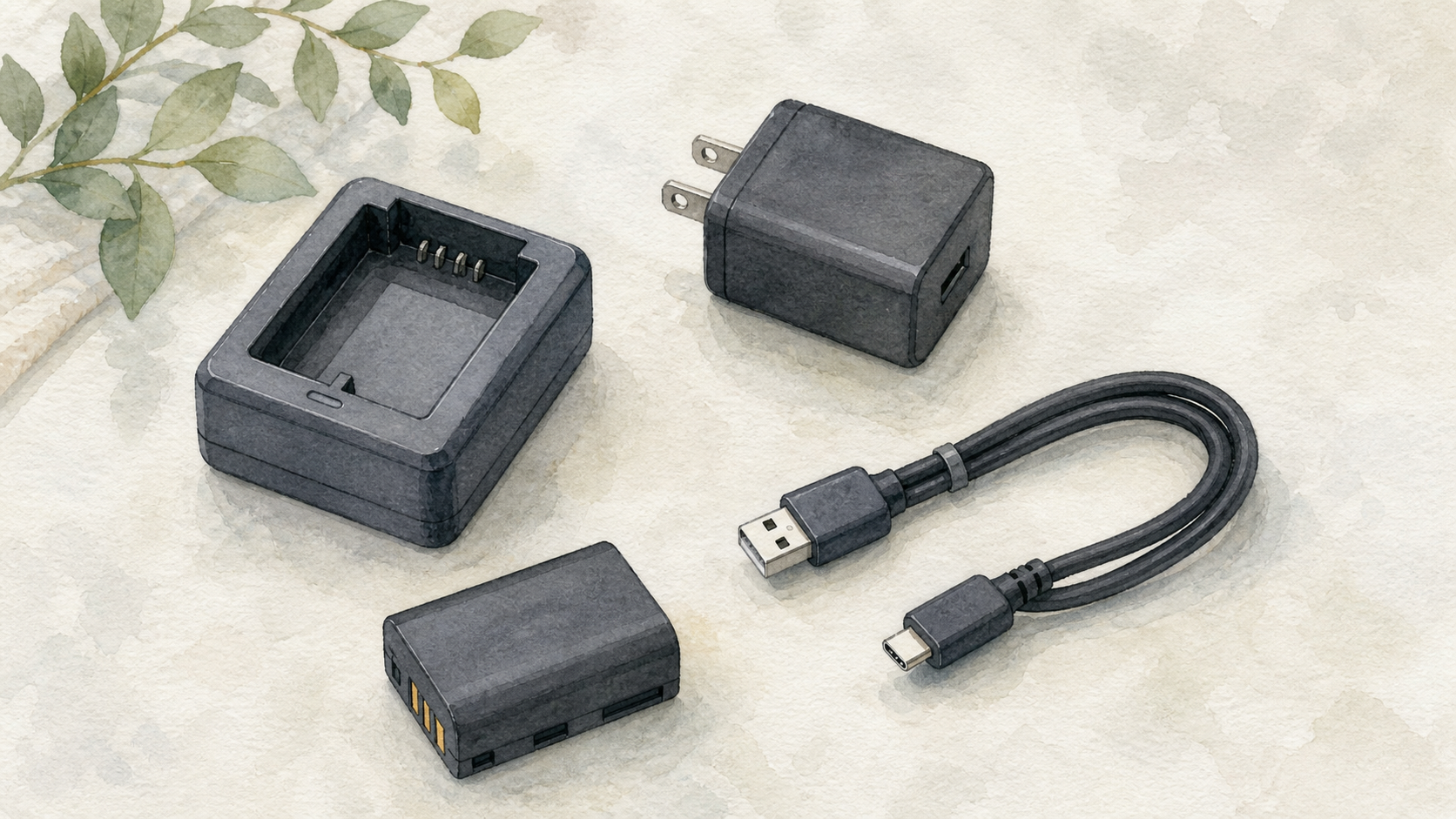 充電台とACアダプターとUSBケーブルを分けて並べた場面