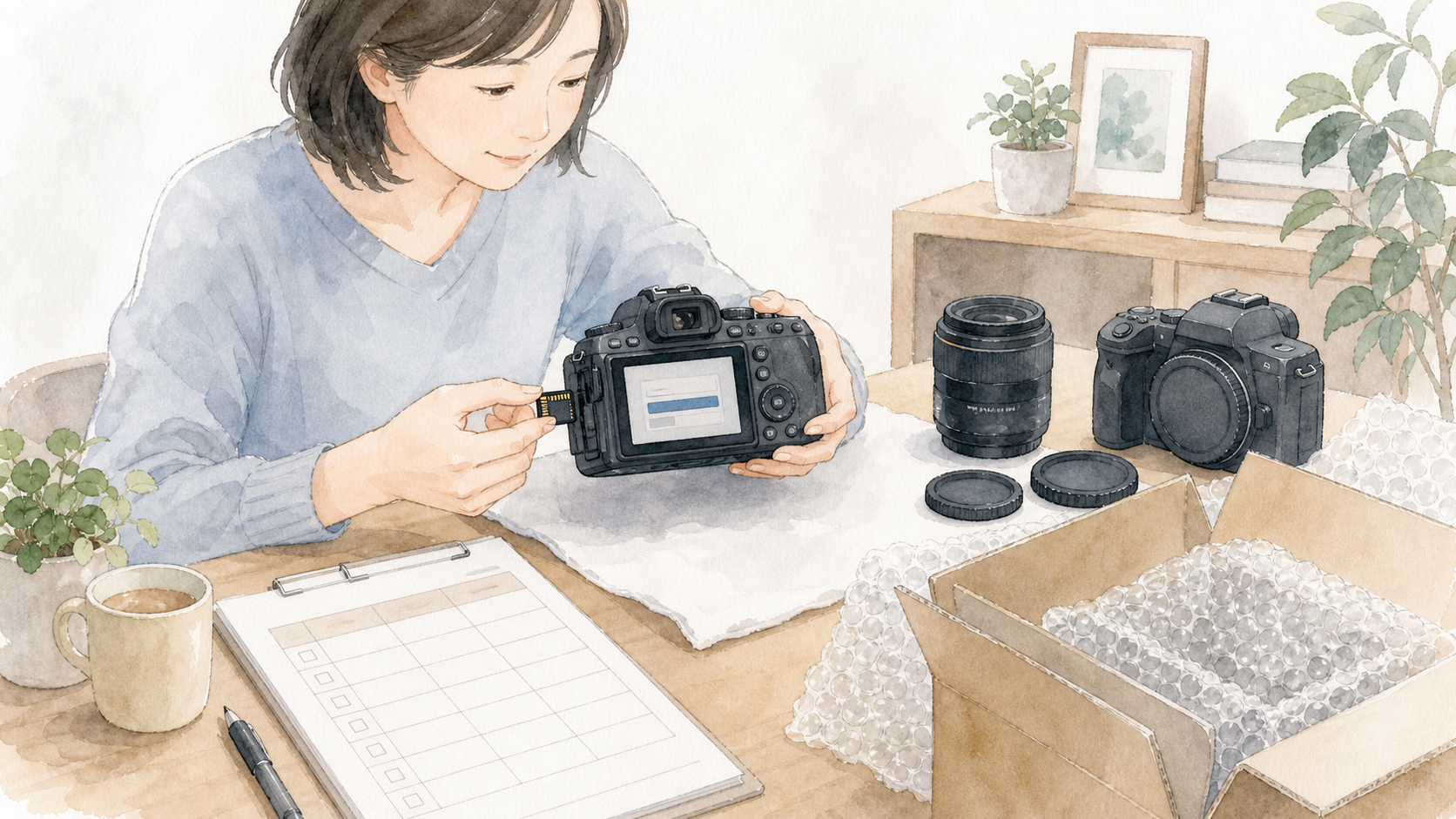 カメラからSDカードを外し初期化と梱包条件を確認する女性の水彩イラスト