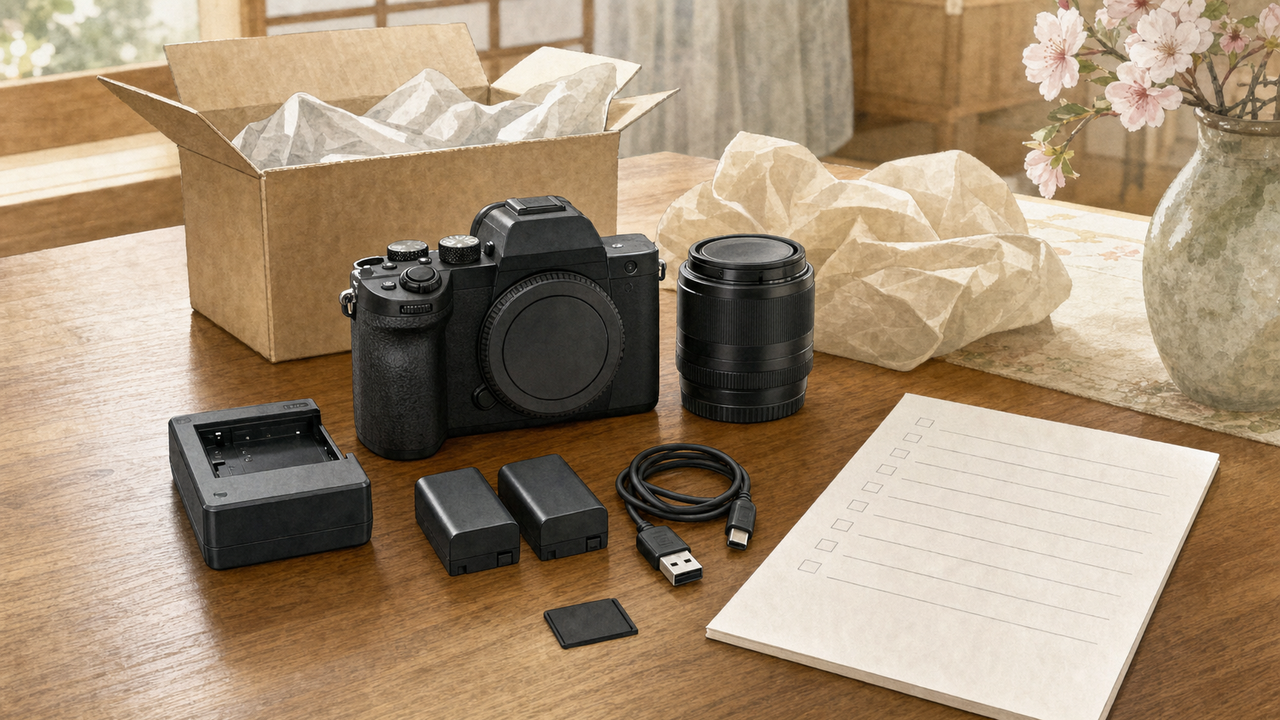 届いた無銘カメラとレンズや充電器を机に並べて確認する静物