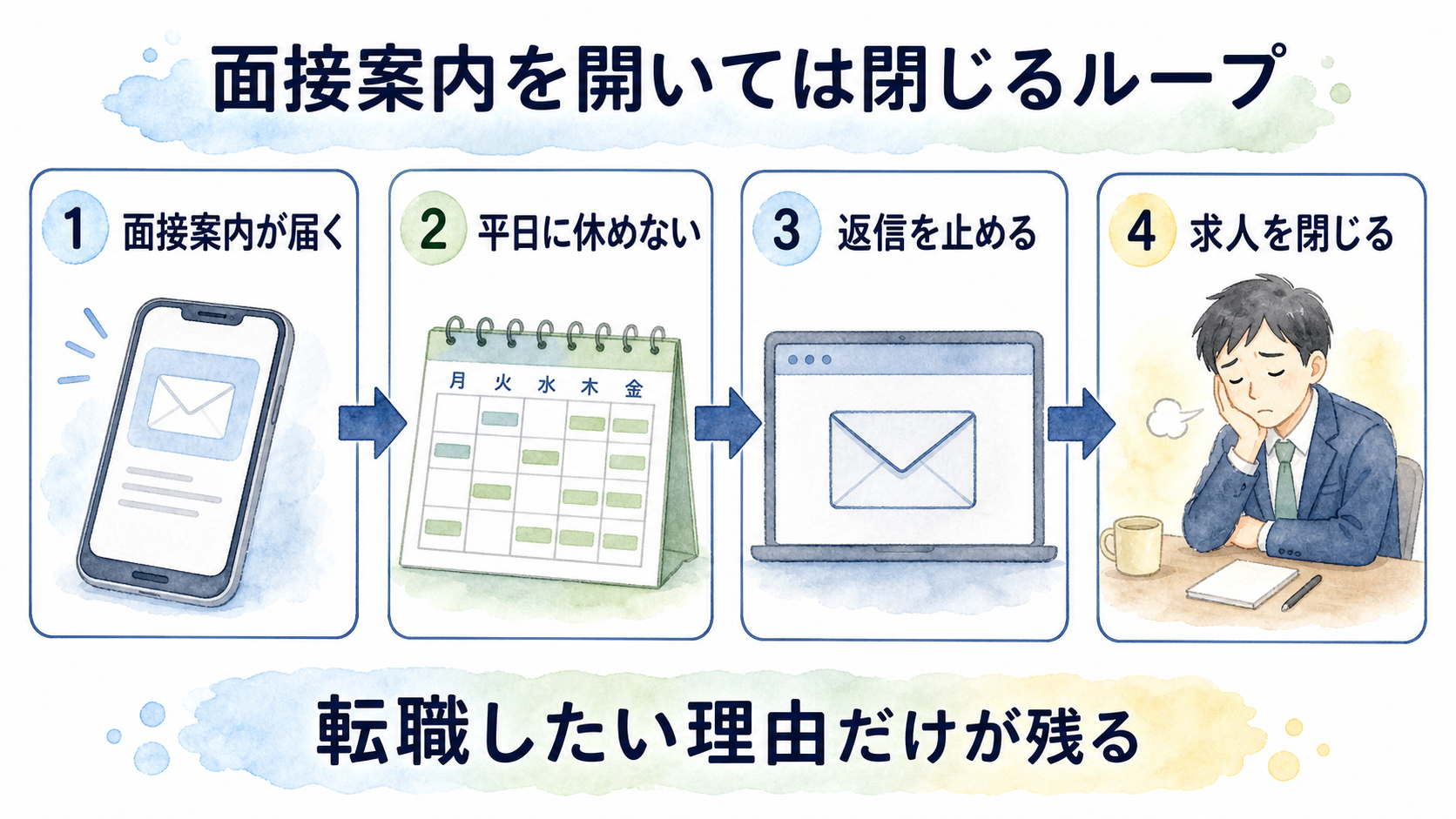 面接案内が届いても平日に休めず求人を閉じるループ