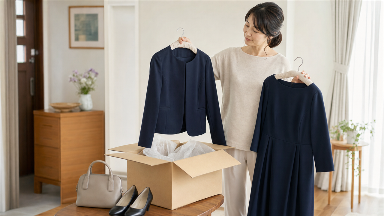 届いた紺色のセレモニージャケットとワンピースを箱から出して確認する母親