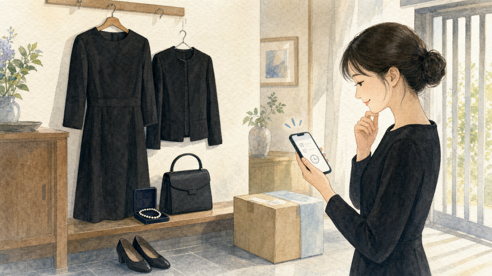 届いた黒いレンタル喪服とバッグや靴を自宅で確認する女性