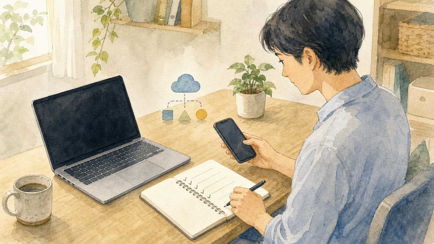 パソコン故障後に会社連絡とデータ確認、代替端末を順番に整理する水彩イラスト