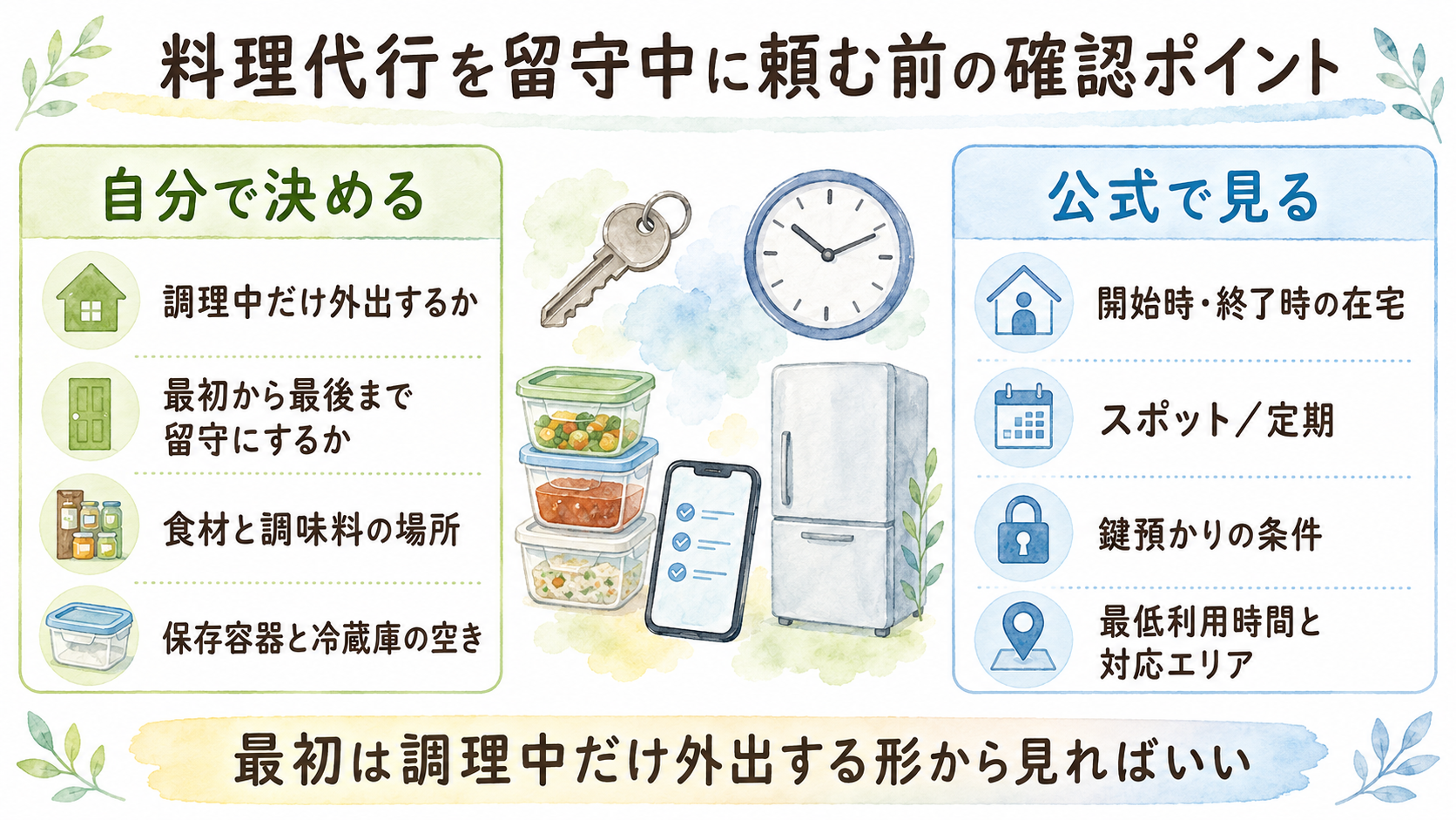 料理代行を留守中に頼む前に自分で決めることと公式で見ることを分けた確認ポイントの図解