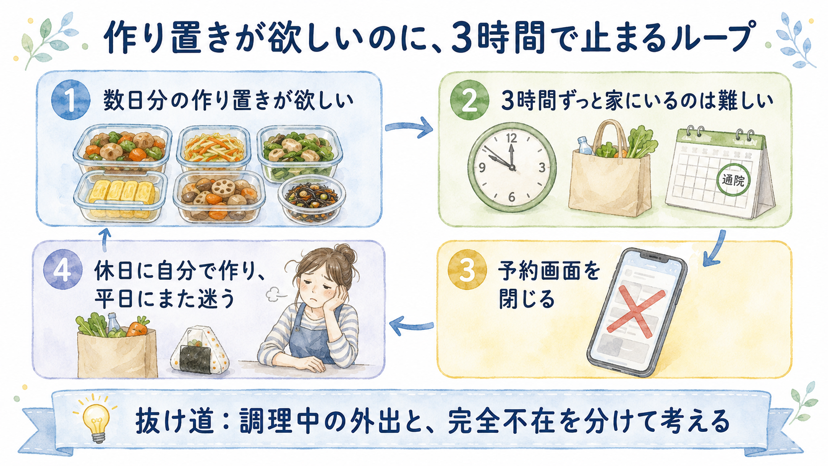 作り置きが欲しくても3時間の在宅が難しく予約を閉じてしまう流れの図解