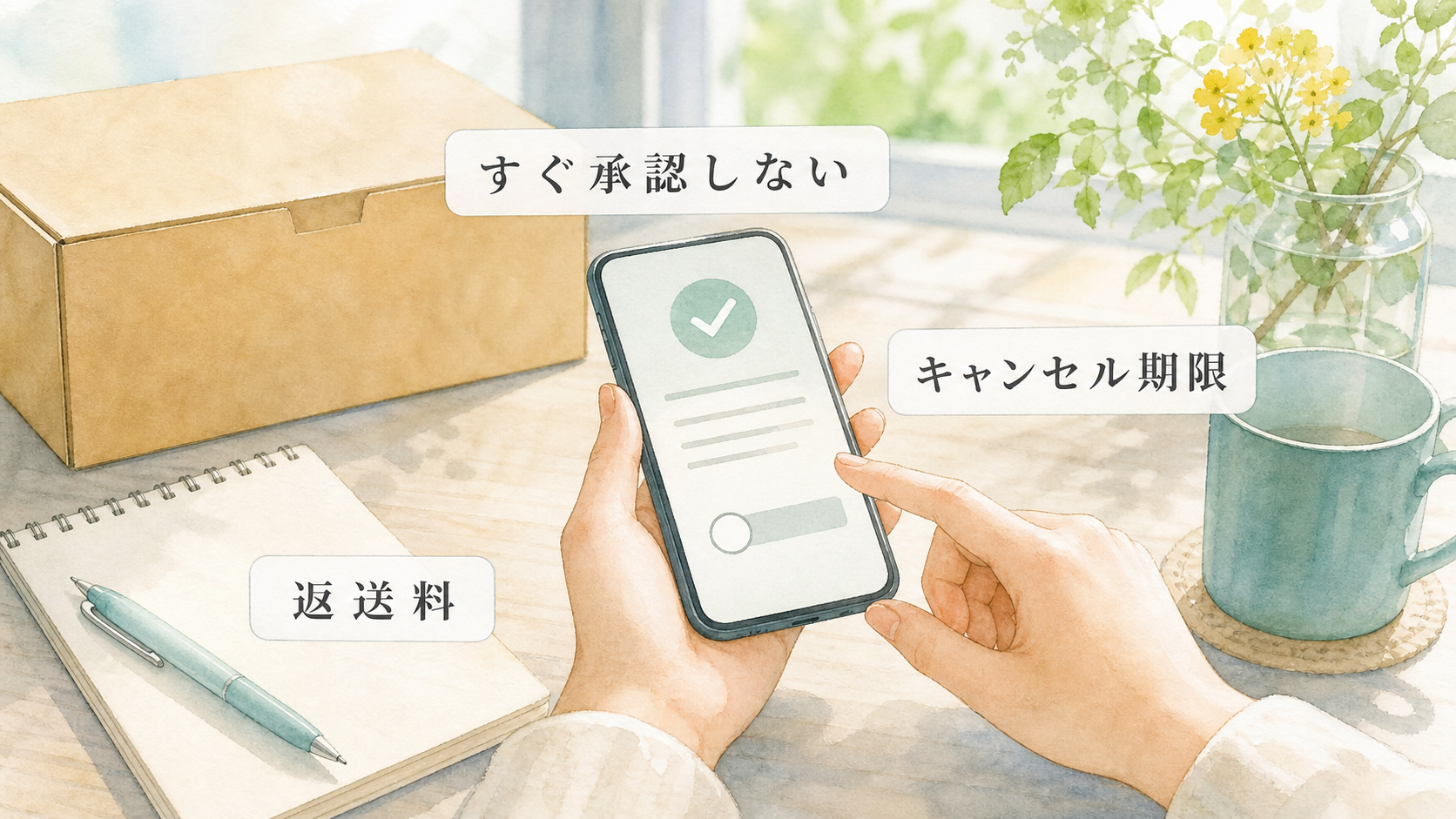 宅配買取の査定を承認する前にキャンセル期限と返送料を確認する場面