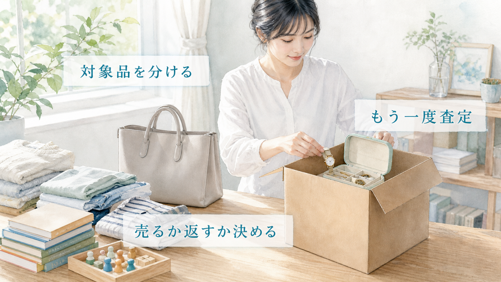 ブランドバッグや時計などの対象品を分けてもう一度査定へ出す場面